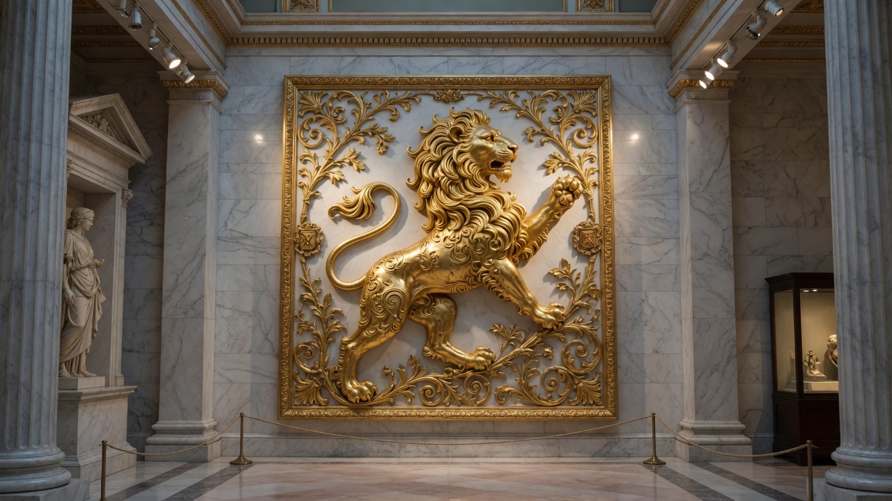 A gilded lion rampant in high relief on a marble hall wall, framed by gold acanthus, columns, and velvet ropes — slightly too proud for a museum.