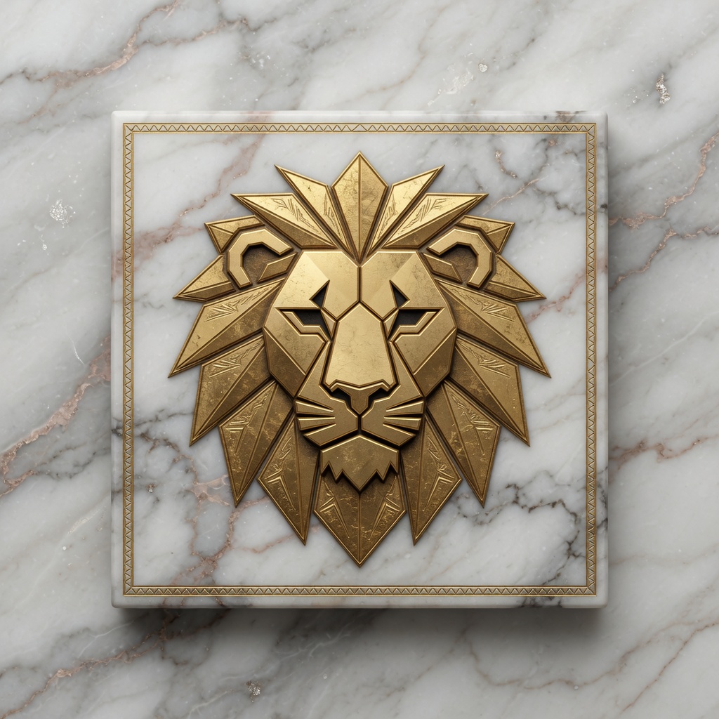 A faceted gold lion-head crest set on a square of white marble with a fine gold border, geometric mane radiating like a generated sun.